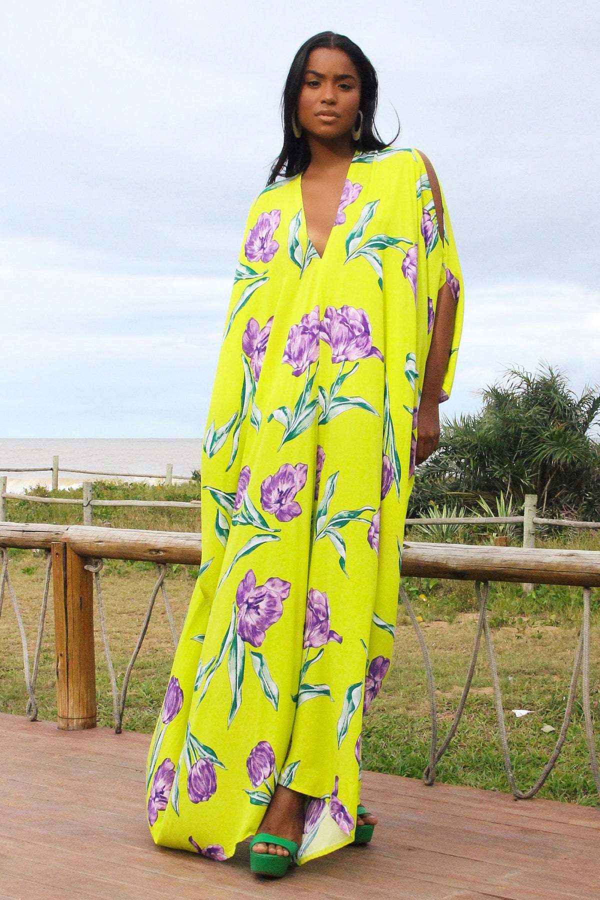 Green & MultiColored Chinon embroidered Kaftan Tulip Coord set with Cute Potli